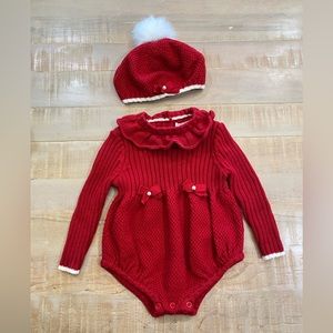 Shabby Chic baby girl knit romper dress set worn Pom Pom beret hat